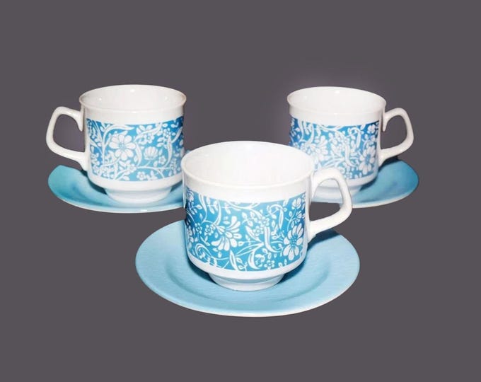 Three John Tams flower power cup and saucer sets. Blue and white tableware made in England.