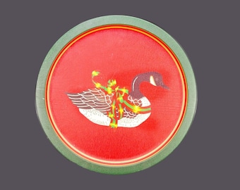 Wang's FR8043 round metal Christmas tray. Christmas goose in center, Christmas ribbon, red ground, green rim. Made in Taiwan.
