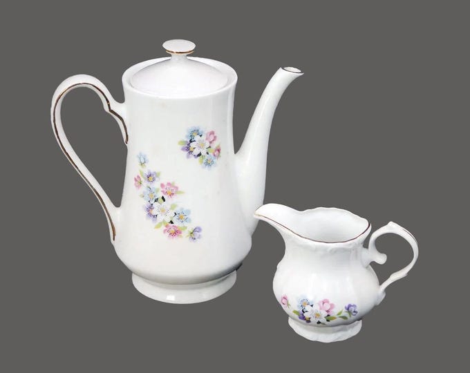 Apulum Portellanul six-cup coffee pot with matching creamer jug. Multicolor flowers. Made in Romania.