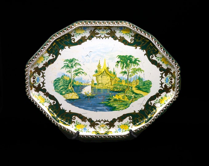 Mid-century Daher Decorated Ware large octagonal metal tray. Chinoiserie palace, trees, boat, stream. Made in England.