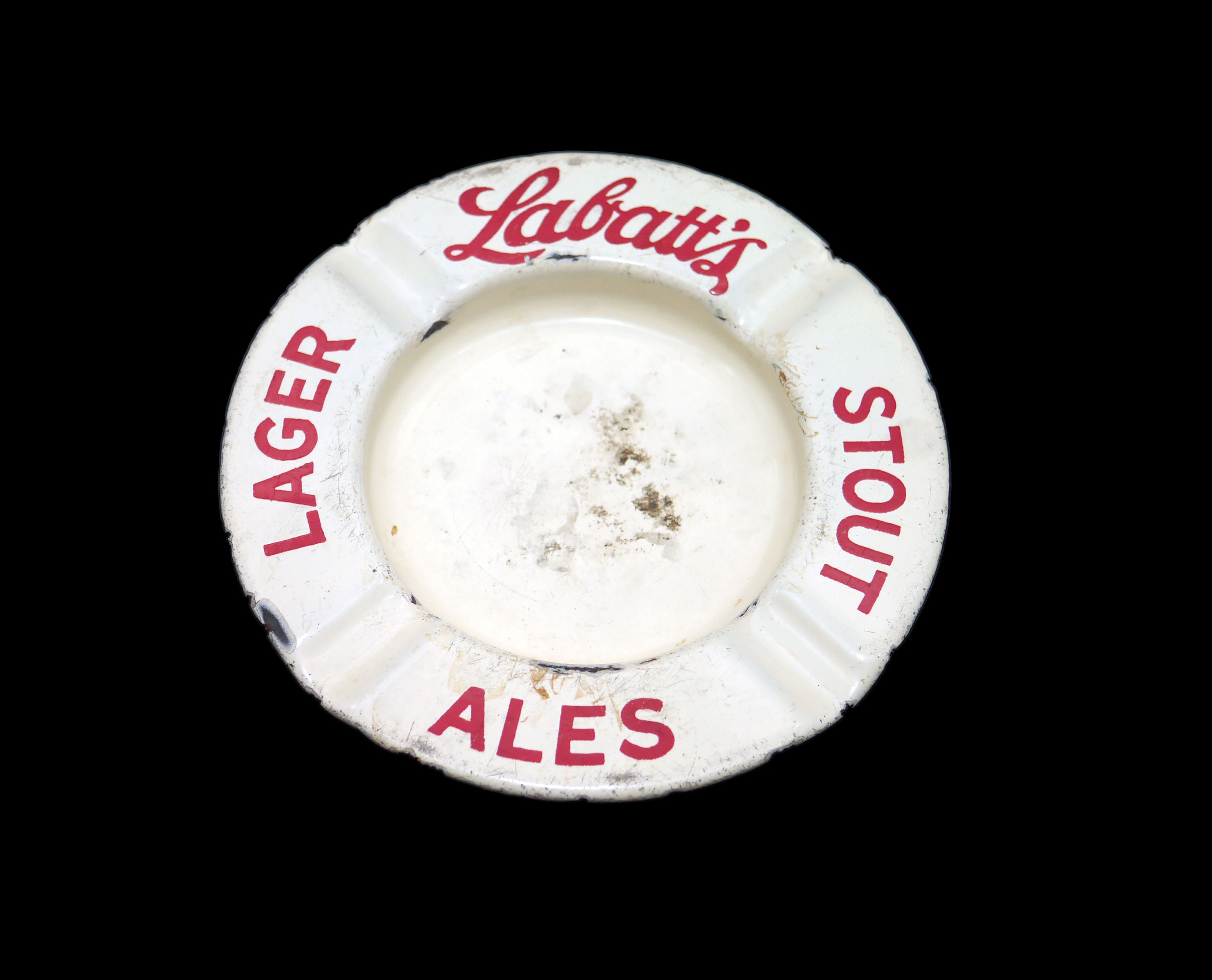 Antique Labatts Stout Lager ale tin litho ashtray. Red Labatt's cursive ...