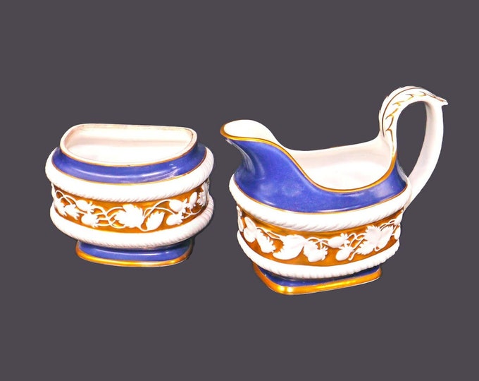 Vista Alegre cobalt and gold creamer and open sugar bowl set. High-relief white leaves. Made in Portugal.