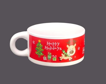 Christmas Happy Holidays soup mug. Reindeer, Christmas tree. Sold individually.