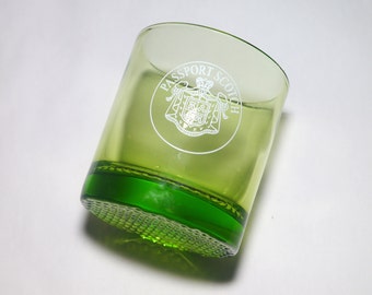Passport scotch green glass lo-ball whisky on-the-rocks glass. Etched-glass branding.