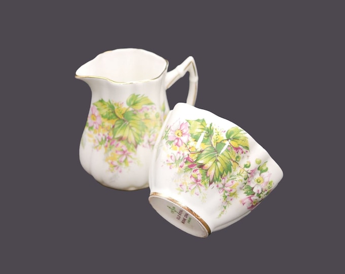 Sampson Smith Old Royal mini creamer and sugar bowl set made in England. Pink, yellow flowers, gold scalloped edge and accents.