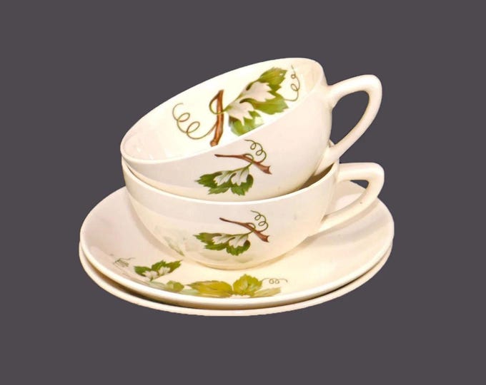 Pair of British Empire Ceramics | Knowles Grapevine wide-mouth cup and saucer sets made in USA.