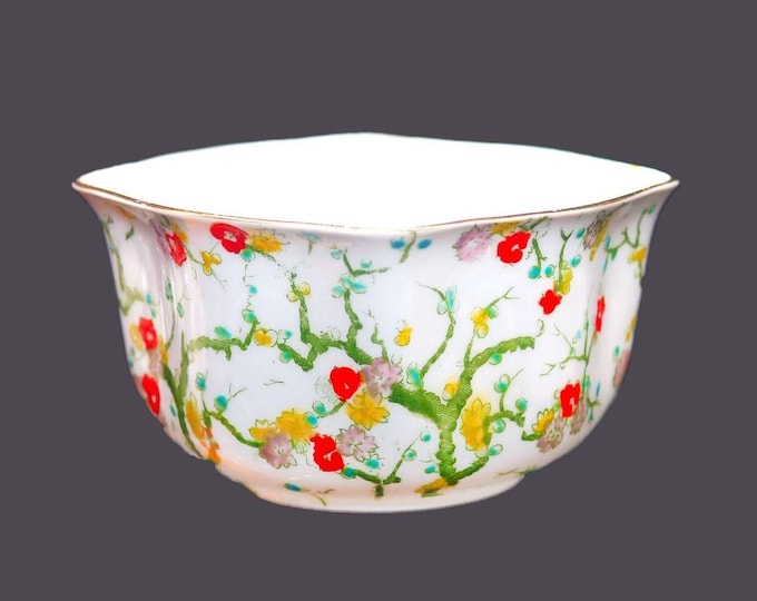 Art-deco era Royal Stafford Bone China hand-decorated Chinoiserie sugar bowl. Orange, pink, yellow blossoms with greenery made in England