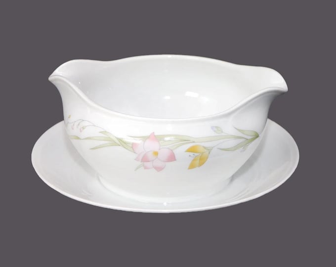 French Garden gravy or sauce boat. Twin spouts, attached under-plate by Fine China of Japan.