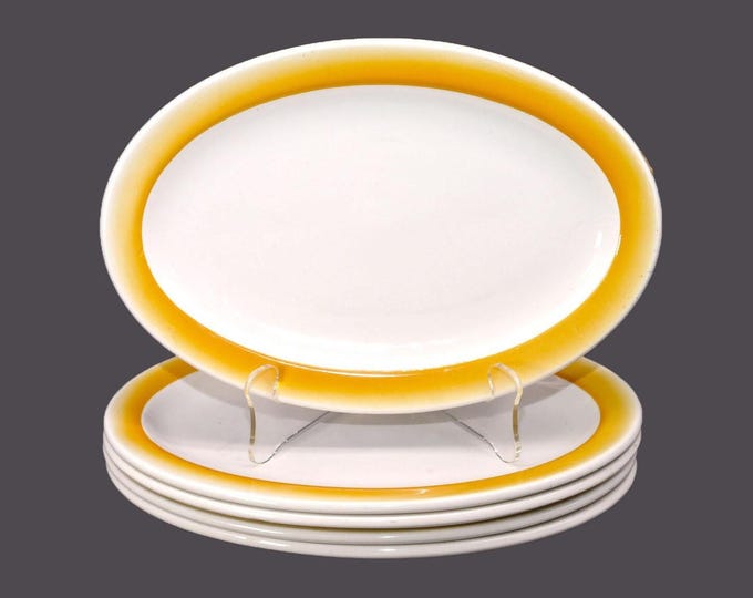 Five individual burger or steak platters. Grindley Duraline Hotelware made in England. Yellow band.