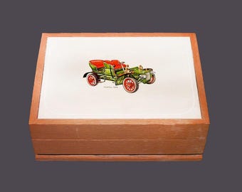 Vintage Jasco wooden men's jewelry box. Ceramic top features 1906 Cadillac car.