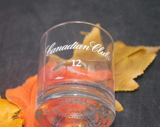 Canadian Club Aged 12 years Canadian whisky | on-the-rocks | lo-ball glass.  Etched-glass branding, weighted base.