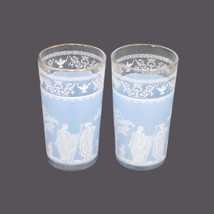 Pair of Jeannette Glass Wedgwood Jasperware-style Hellenic Blue | Grecian high-ball glasses. Gold rims.