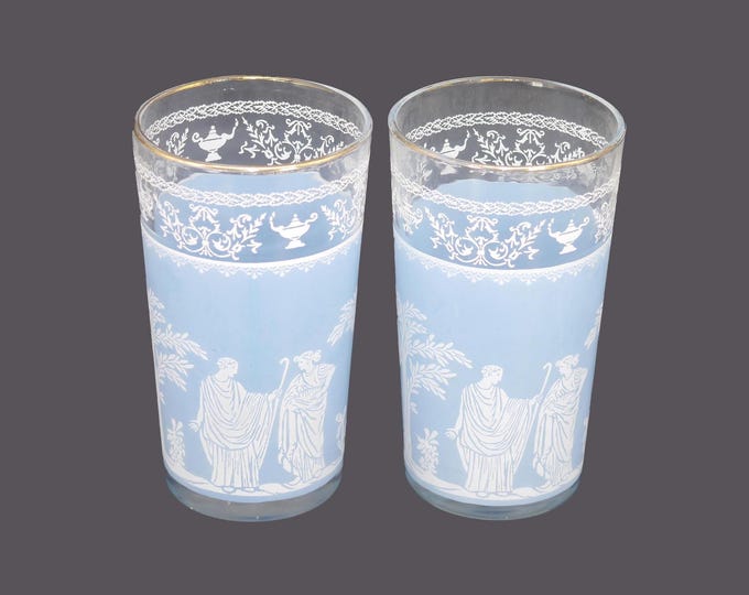 Pair of Jeannette Glass Wedgwood Jasperware-style Hellenic Blue | Grecian high-ball glasses. Gold rims.
