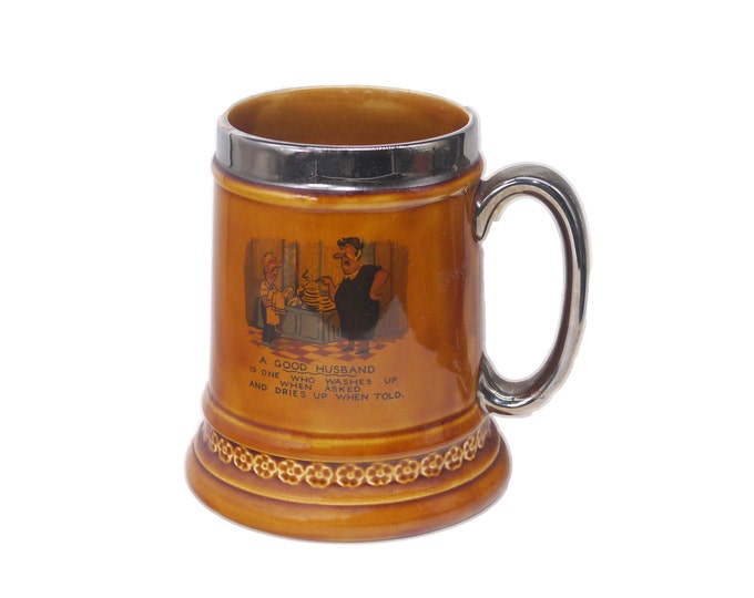 Lord Nelson Ware ceramic pint stein, platinum handle. A Good Husband Washes Up and Dries. Made in England.