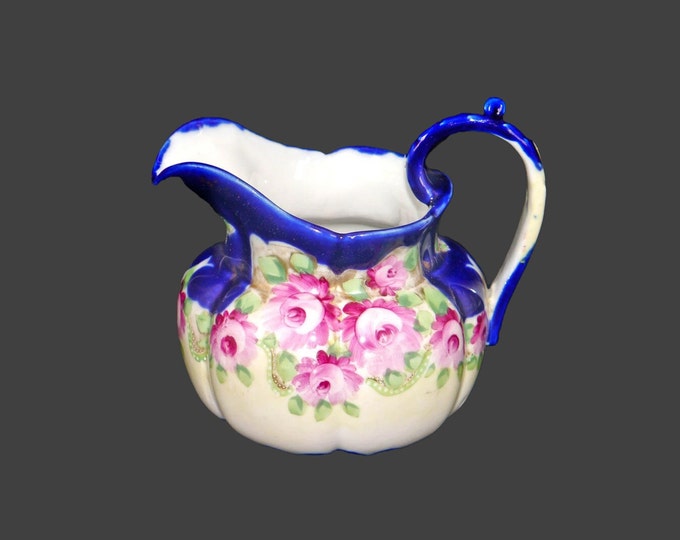 Tashiro Shoten Nippon hand-painted Nippon large creamer or milk jug. Pink roses, cobalt.