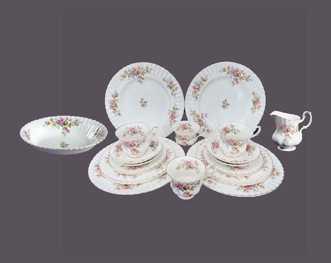 Forty-one pieces of Royal Albert Moss Rose bone china tableware made in England. Details below.
