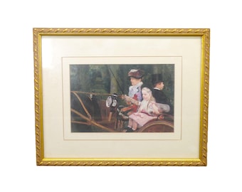 Vintage framed print woman & young girl in horse-drawn carriage. Under glass, gilt frame.