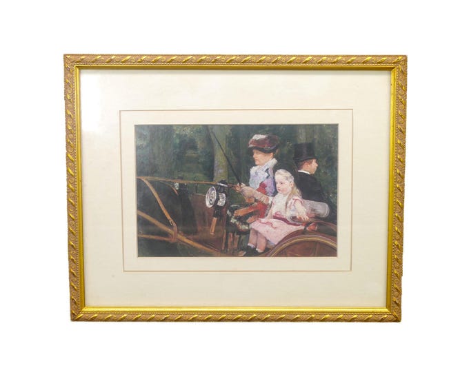 Vintage framed print woman & young girl in horse-drawn carriage. Under glass, gilt frame.