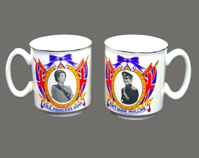 Pair of 1973 Commemorative mugs Wedding of Princess Anne Captain Mark Phillips. Wilsons Paignton made in England.