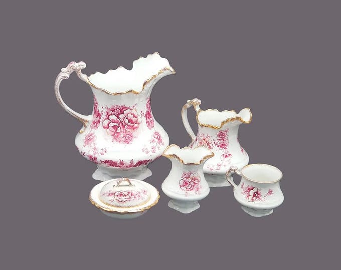 Antique Victorian lavatory set. William Adams & Co Portia. Made in England. Cranberry florals. Great antique bathroom decor.