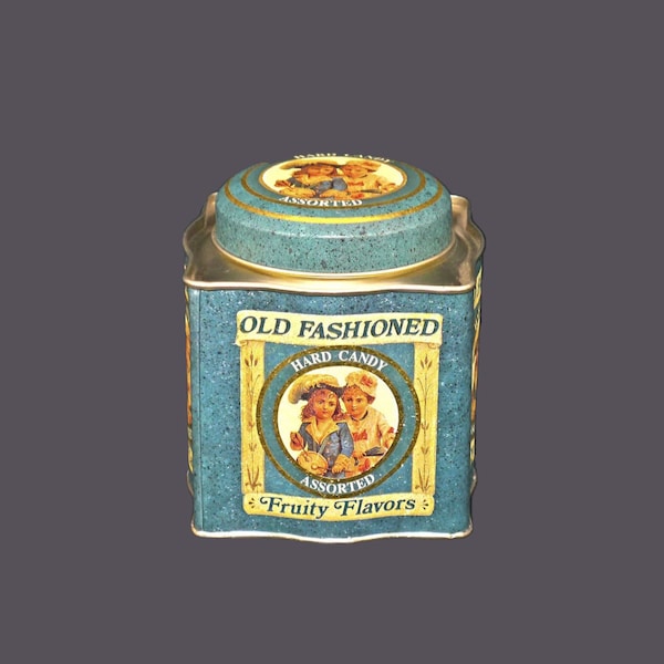 Old Fashioned Hard Candy Fruity Flavors candy tin. Tin made in Hong Kong, Designed by Keller Charles PA USA.