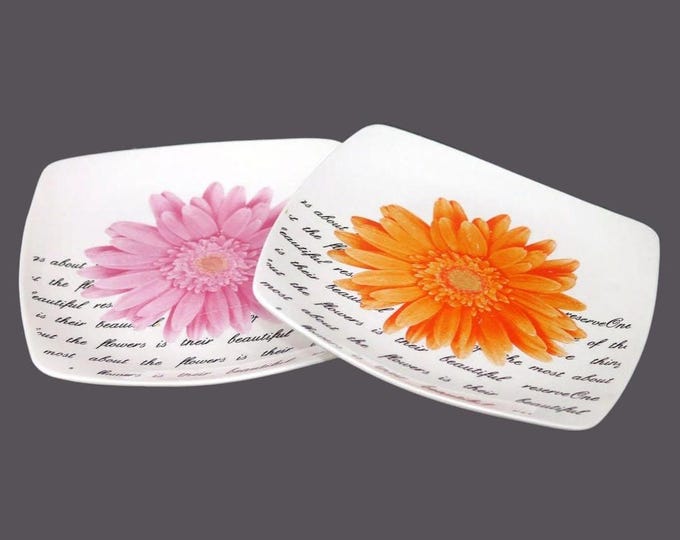 Pair of Gryphonware square salad or snack plates. Large pink and orange flowers, scripted text in black.