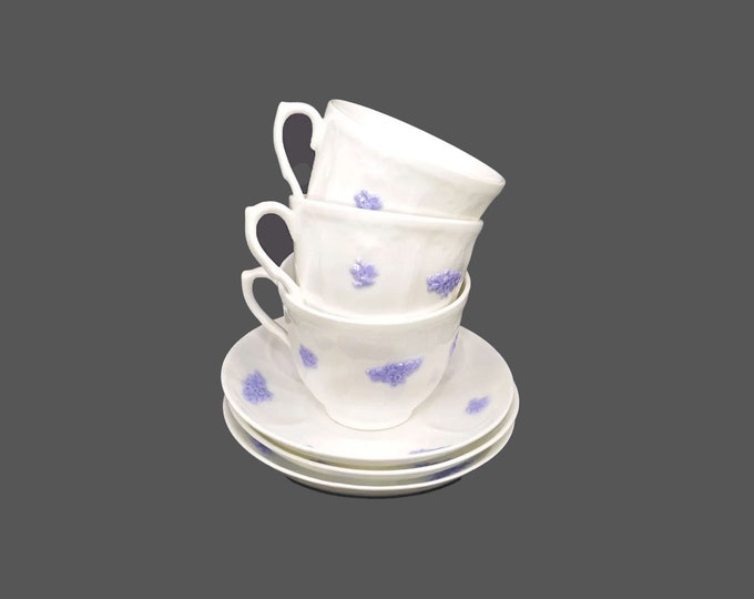 Three Adderley Chelsea cup and saucer sets. Bone china made in England. Minor flaw (see below).