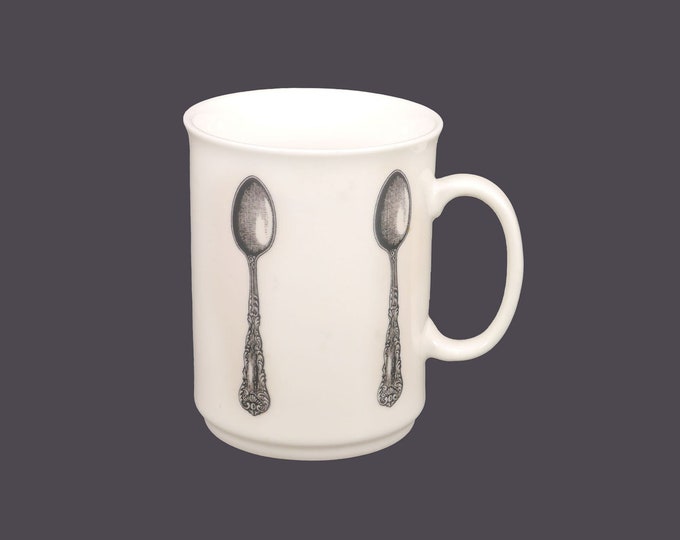 Gourmet Village Shoppe Quebec Canada tea mug. Silver spoons.