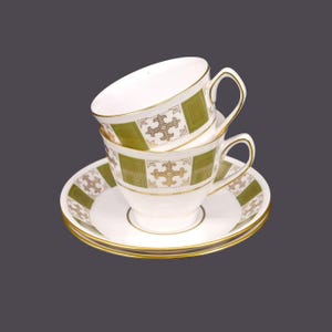 Pair of Spode Persia Green Y8018 bone china cup and saucer sets made in England.