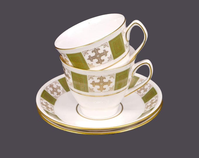 Pair of Spode Persia Green Y8018 bone china cup and saucer sets made in England.
