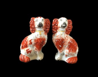 Pair of Victorian-era (1860s) English Staffordshire Dogs | Cavalier King Charles Spaniels made in England. Flaws (see below).