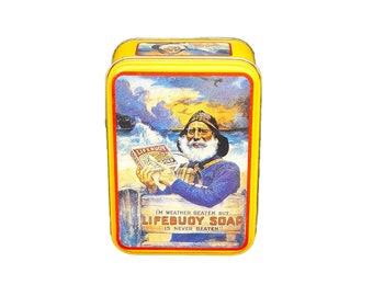 Lifebuoy Soap reproduction tin of original 1903 advertisement. Salty sailor says I'm Weather Beaten but Lifebuoy Soap is Never Beaten.
