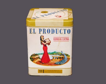 Mid-century El Producto Corona Extra 50-cigar lidded tin. Simon Cigar Montreal. Gift for him. Gift for dad.