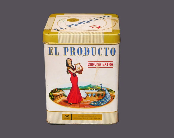 Mid-century El Producto Corona Extra 50-cigar lidded tin (empty). Simon Cigar Co Montreal, Canada.