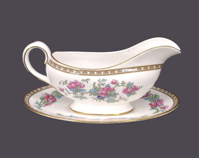 Aynsley Indian Tree bone china gravy boat with under-plate. Classic Chinoiserie made in England.