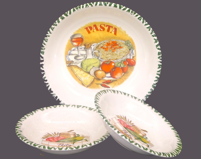 Vintage CMS Italy 3-piece pasta bowl set. Spaghetti, vegetables, green sponge rim.