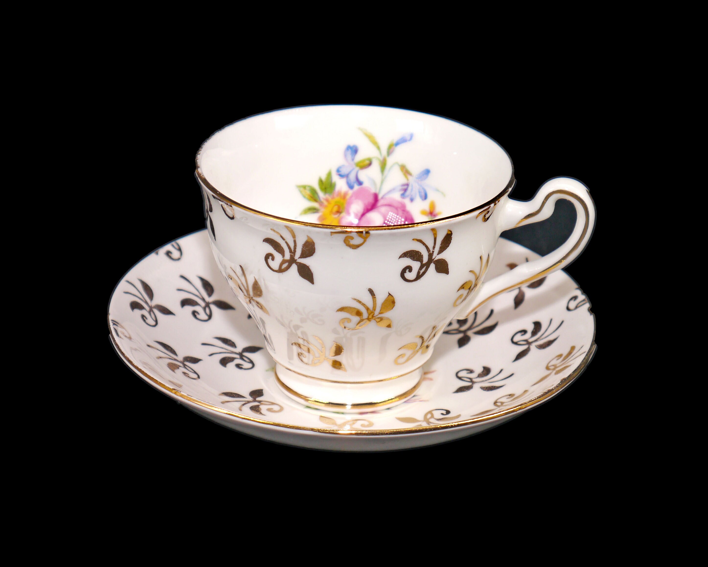 Clare Bone China cup and saucer set made in England. Gold Fleur de Lys