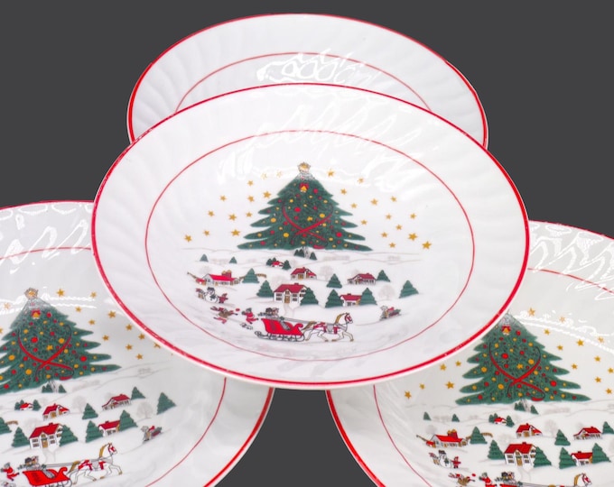 Vintage Royal Heritage Christmas Village Coupe Soup Bowls. Red Trim (Set of 4)