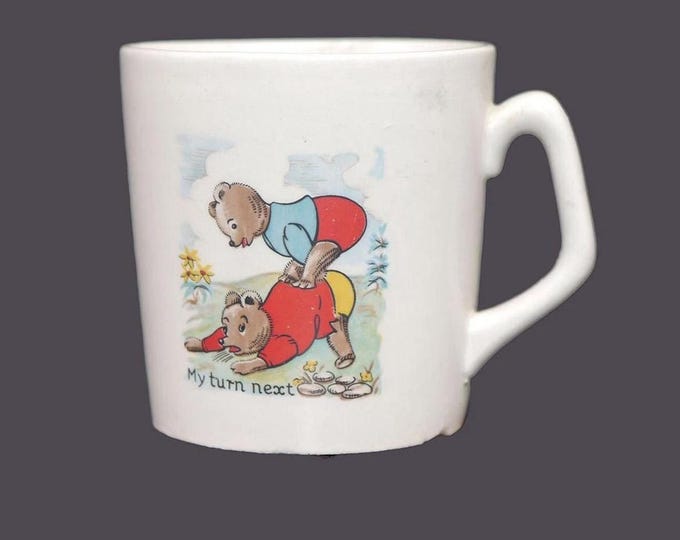 Antique Cartwright & Edwards child's nursery mug. Bear pals playing leapfrog and the text My Turn Next. Flaws (see below).