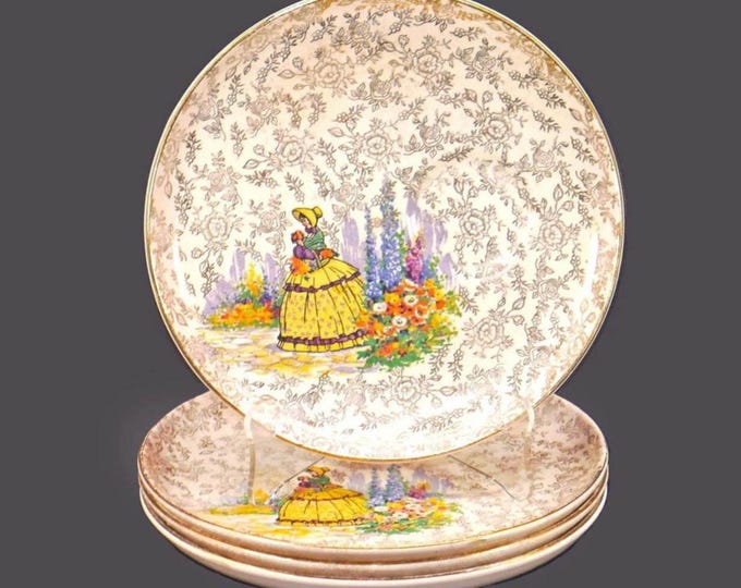 Four James Kent Old Foley Crinoline Lady 3087 round toast, snack, tennis plates made in England. Flaws (see below).