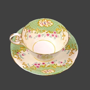 John Aynsley 7194 hand-decorated wide-mouth cup and saucer set. Bone china made in England.