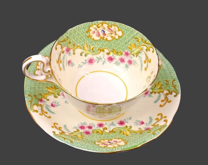 John Aynsley 7194 hand-decorated wide-mouth cup and saucer set. Bone china made in England.