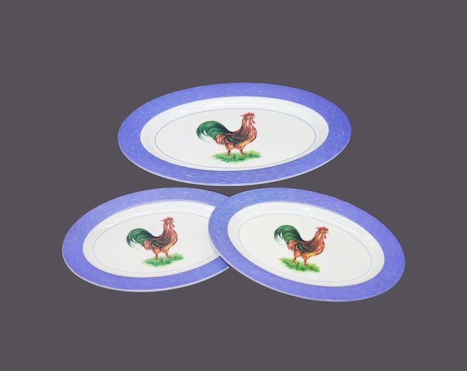 Three Mela Ware melamine Rooster burger or steak platters.