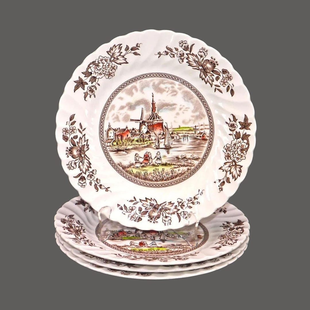 【美品】【アンティーク】ブラウンヒルズポッター　レギュミエール／チューリン Vintage Johnson Brothers Tulip Time Brown Multicolor Dinner Plates