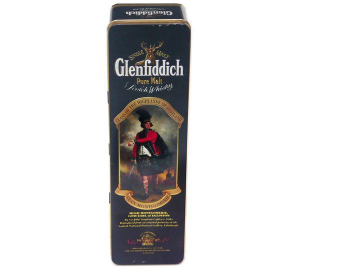 Vintage (1980s) Glenfiddich Clans of the Highlands Clan Montgomerie scotch whisky 750ml lithographed tin (empty). Barringer Wallis England.