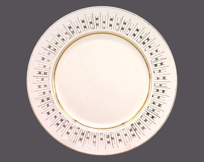 Alfred Clough dinner plate. Gold squares, lines, edge. Satin White ironstone made in England.