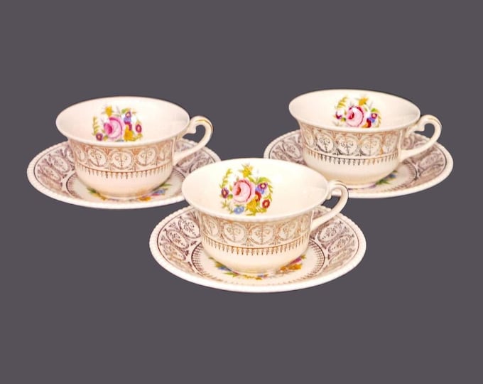 Vintage Fondeville Athlone Cup and Saucer Sets: Floral Ironstone, England (Set of 3)