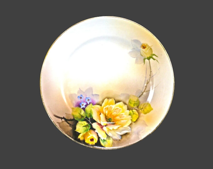 Hand-painted Nippon | Noritake | Morimura salad plate. Yellow roses, blue flowers, gold edge. Minor flaw (see below).