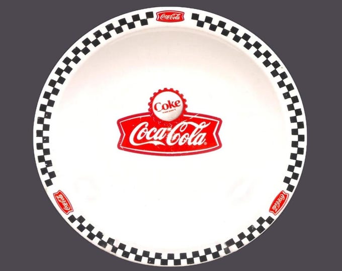 Gibson Designs Coca-Cola Town Square rimmed salad plate. Red Coke banner, cap, checked border.