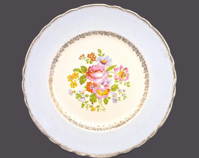 Arthur J. Wilkinson | Royal Staffordshire floral and filigree dinner plate. Pale blue rim, center flowers, gold edge. Made in England.